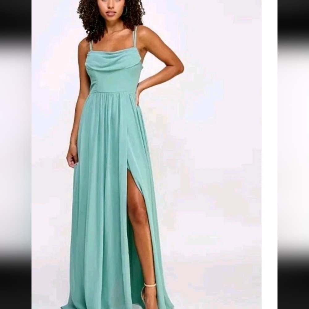 City Studio Elegant Teal Maxi Dress  Sz 1 Pearl Sleeve Cowl Neck Slit  Holiday